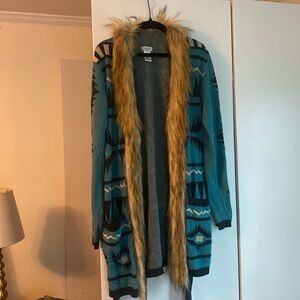 Tasha Polizzi belted faux fur trimmed western cardigan